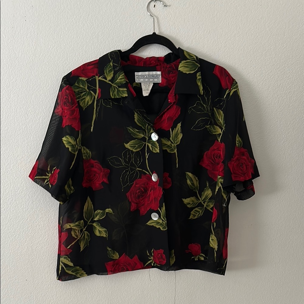 Floral Black and Red Sheer Button-Up Top